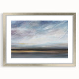 Abstract landscape wall art framed with a silver mat, showcasing vibrant hues of blue, green, and gold, perfect for modern home decor and art enthusiasts.