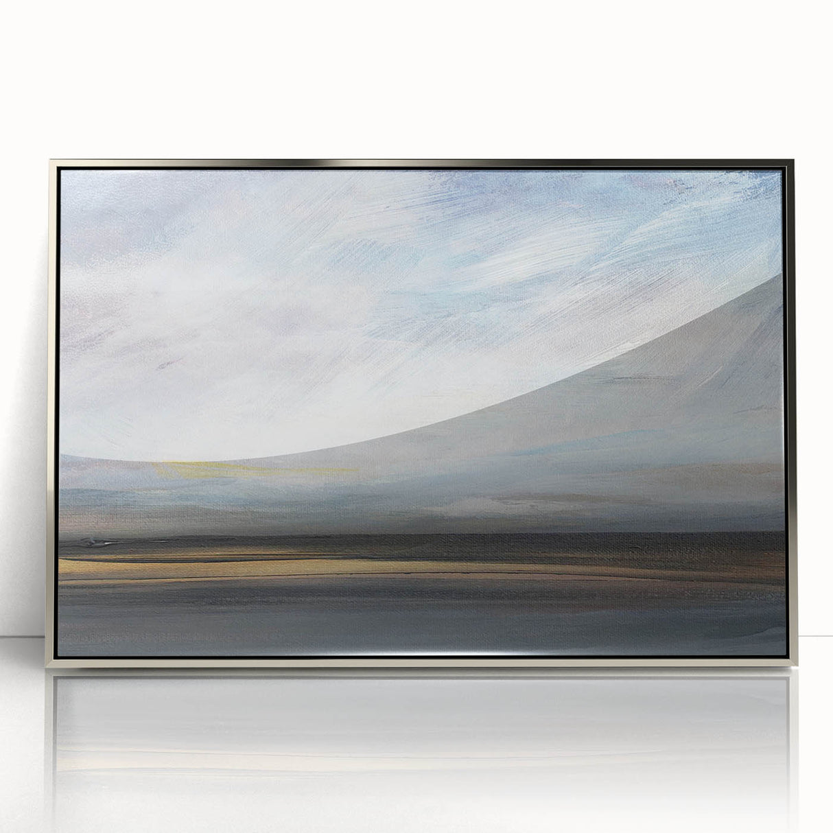 Framed abstract landscape wall art featuring a silver acrylic finish, showcasing vibrant colors and intricate textures, perfect for modern home decor.