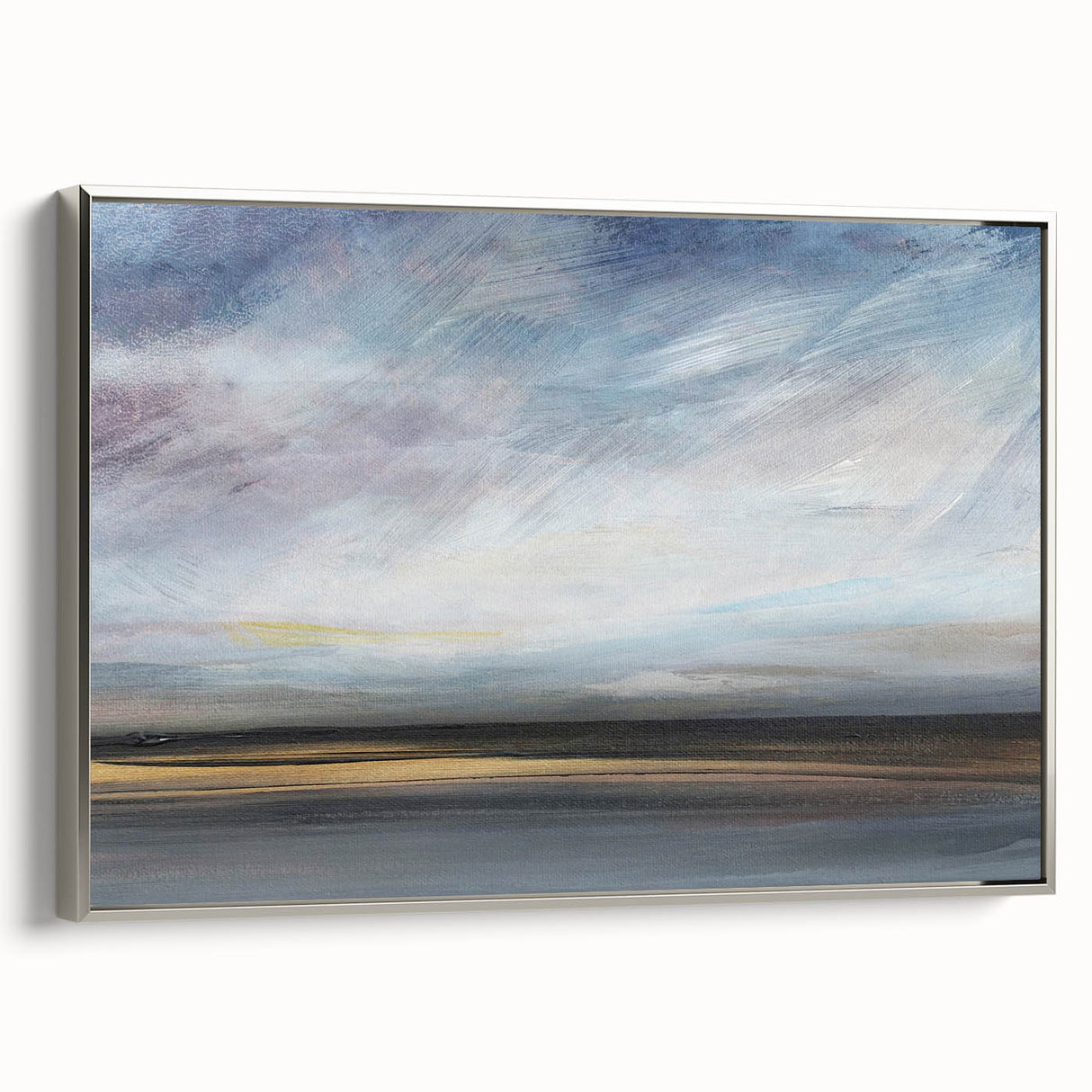 Framed canvas wall art showcasing an abstract landscape design with silver edges, ideal for modern decor, enhancing any living space with its vibrant colors and unique texture.
