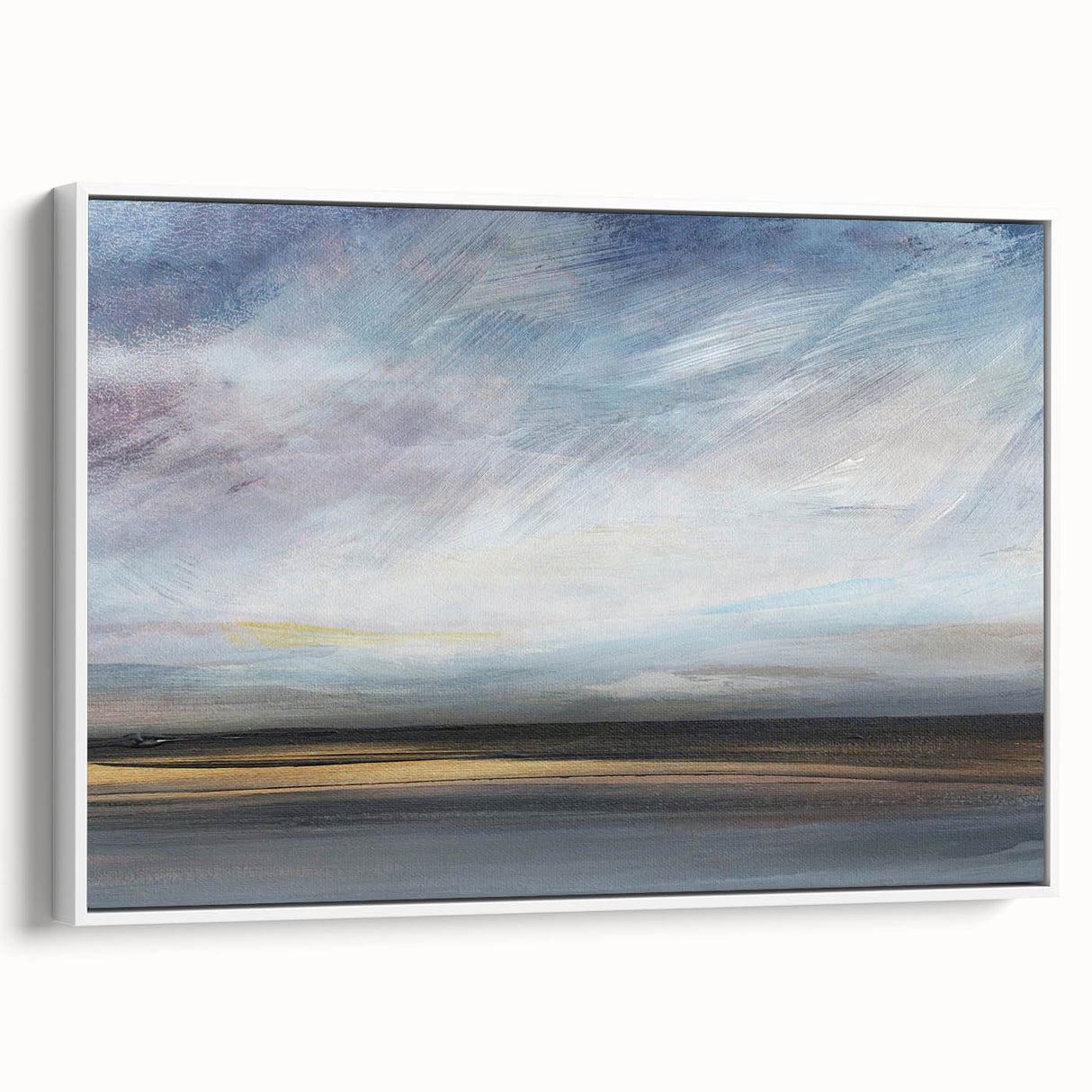 Framed abstract landscape wall art showcasing soft, muted colors with a textured canvas surface, displayed from a white side view to highlight its elegant design.