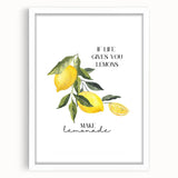 Abstract art print of assorted fruits in vibrant colors on a white framed mat, ideal for dining room decor.