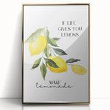 Large acrylic print featuring an array of fruits in muted earth tones, framed in gold, suitable for modern kitchen decor.