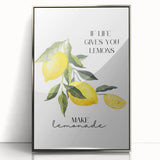 Mid-century modernist art featuring an array of fruits in vibrant colors on a silver-framed acrylic print.