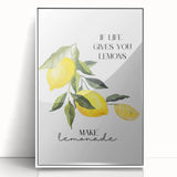 Art deco poster of assorted fruits in vibrant colors on white acrylic, framed, ideal for modern kitchen decor.