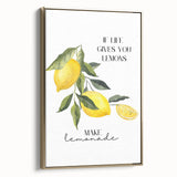 Framed canvas featuring a vintage poster art of assorted fruits in gold and black, ideal for bedroom wall decor.