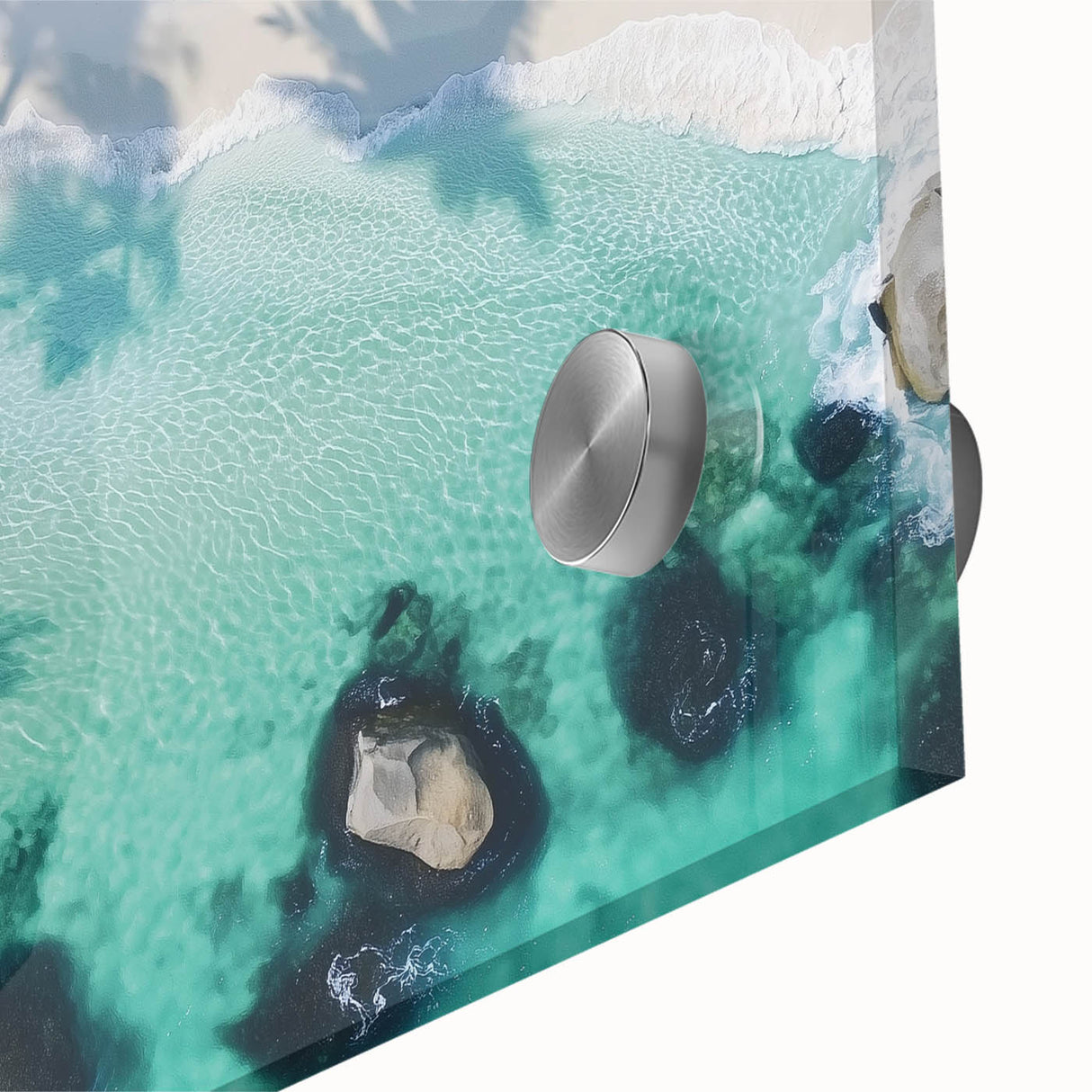Close-up view of a vibrant acrylic landscape artwork depicting serene beaches, showcasing rich colors and intricate details, perfect for coastal-themed decor.
