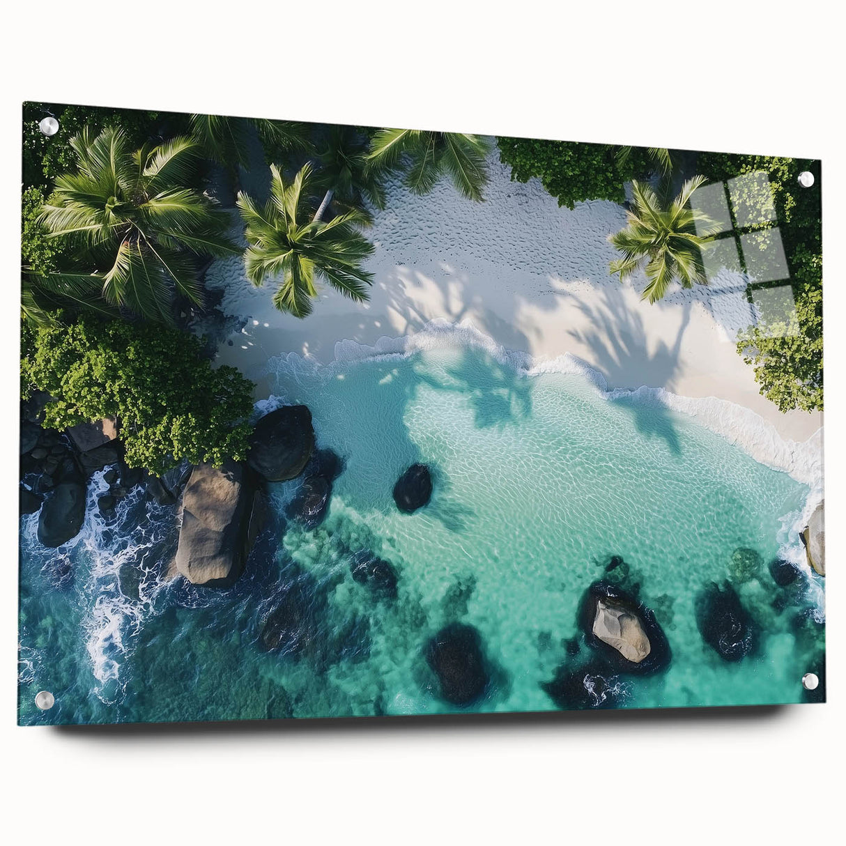 Colorful acrylic glass artwork depicting a serene beach landscape, showcased from a side view with decorative pins, ideal for home decor enthusiasts and beach lovers.