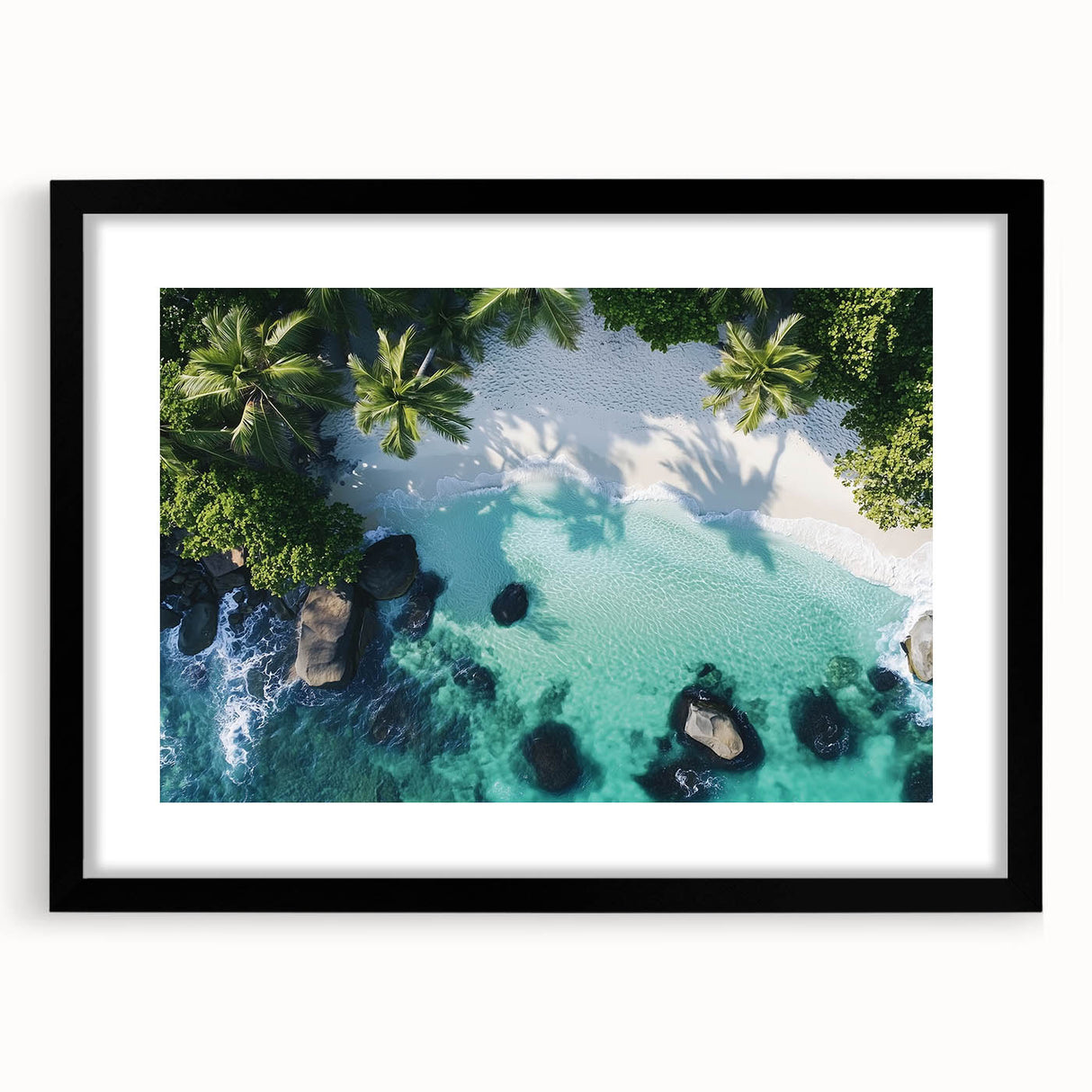 Black-framed landscape artwork showcasing a serene beach scene with gentle waves and soft clouds, designed to enhance home decor in coastal or modern themes.