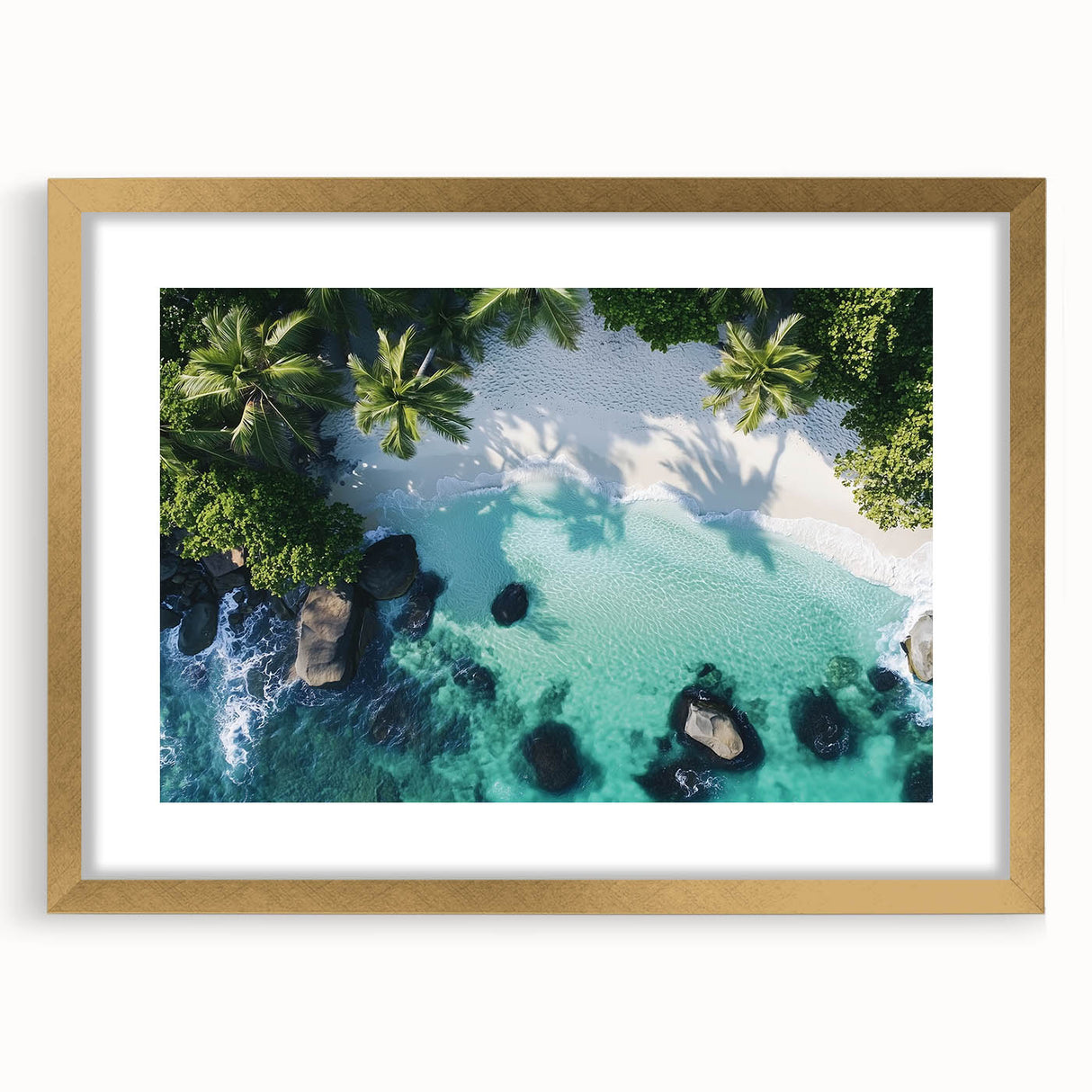 Gold-framed landscape artwork featuring serene beach scenery with gentle waves and a clear sky, elegantly matted to enhance visual appeal, perfect for home decor.