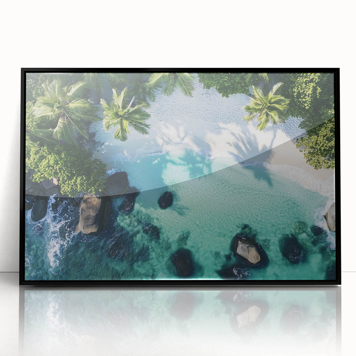 Framed acrylic artwork depicting a serene beach landscape with vibrant colors, showcasing gentle waves and clear skies, perfect for coastal home decor.