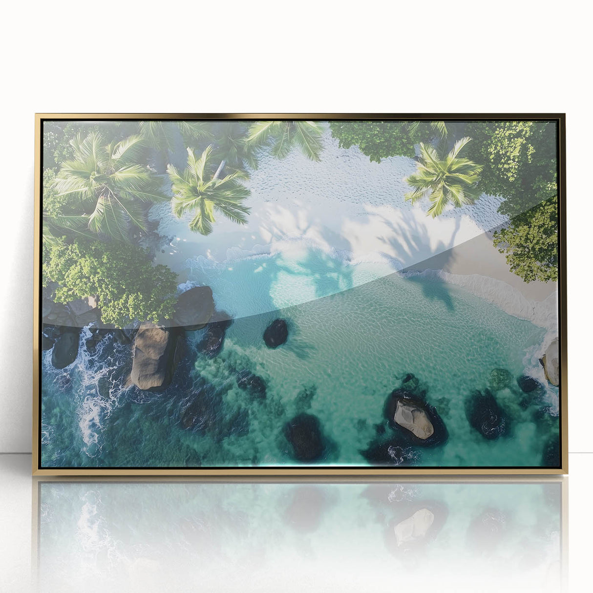 Framed acrylic artwork showcasing a vibrant beach landscape with golden accents, ideal for enhancing modern home decor and evoking a serene coastal atmosphere.