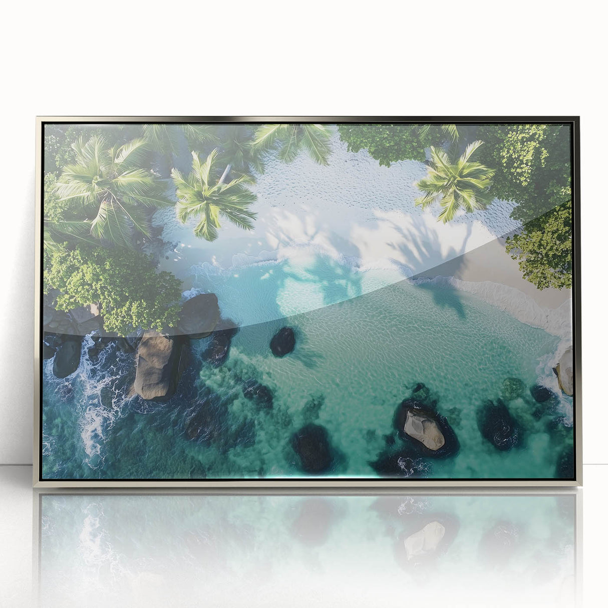Framed acrylic artwork depicting a serene beach landscape with vibrant colors, silver frame enhancing elegance, perfect for coastal-themed decor.