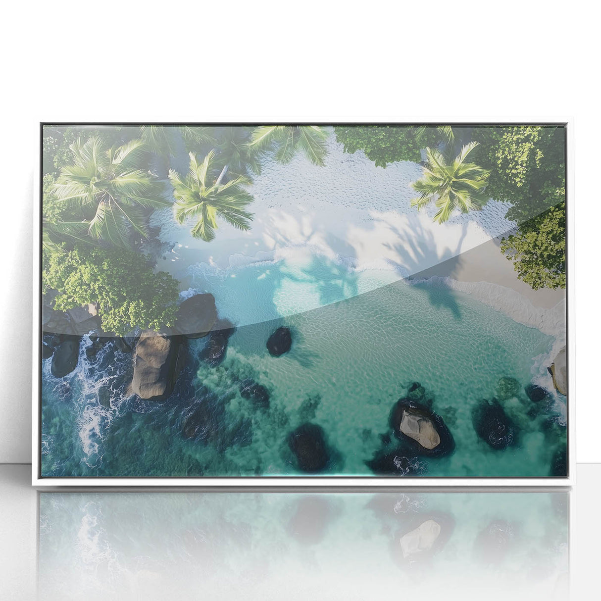 Framed acrylic artwork showcasing a vibrant beach landscape with soft waves and clear blue skies, set in a sleek white frame, perfect for home decor enhancement.
