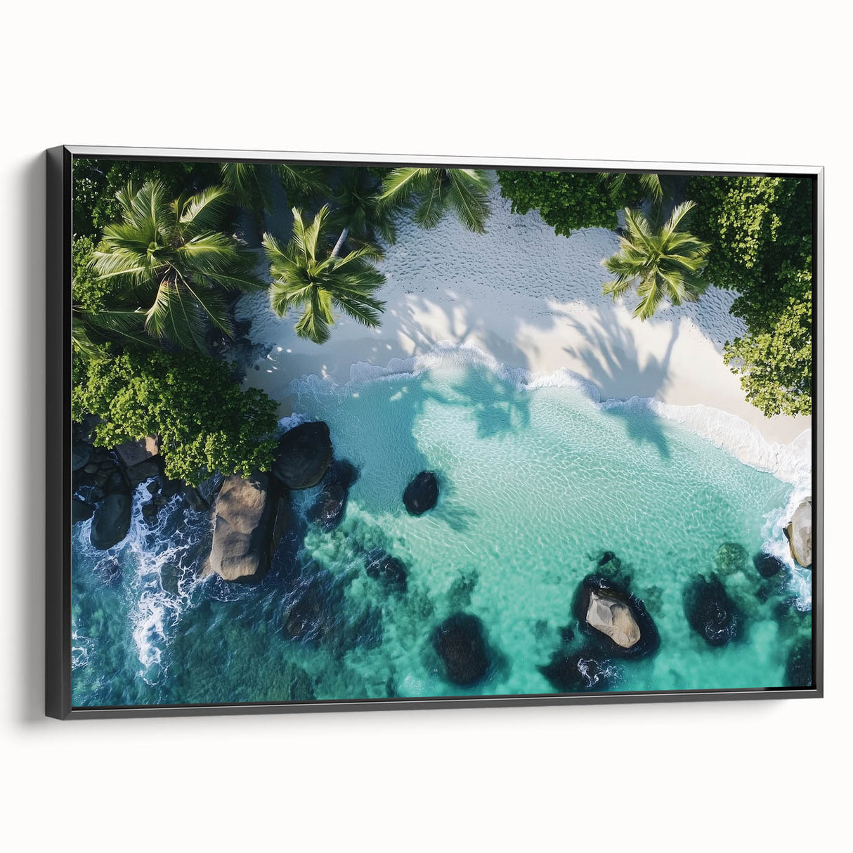 Framed canvas artwork depicting a serene beach landscape with vibrant blue skies and gentle waves, featuring a sleek black frame for modern decor appeal. Perfect for coastal-themed interiors, this piece captures tranquility and nature's beauty.