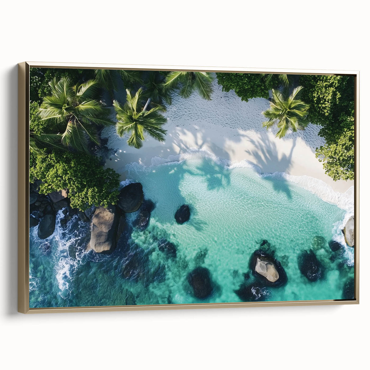 Framed landscape canvas depicting a serene beach scene with golden hues and detailed textures, ideal for coastal home decor, enhancing any living space ambiance.