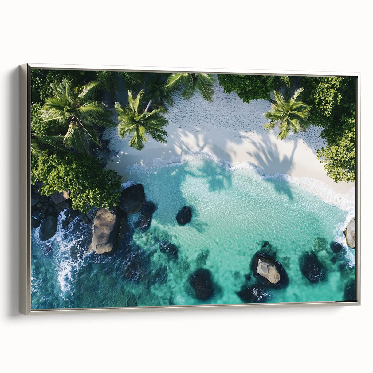 Framed landscape canvas art showcasing a serene beach scene with vibrant colors, silver frame, perfect for coastal home decor and adding tranquility to any space.