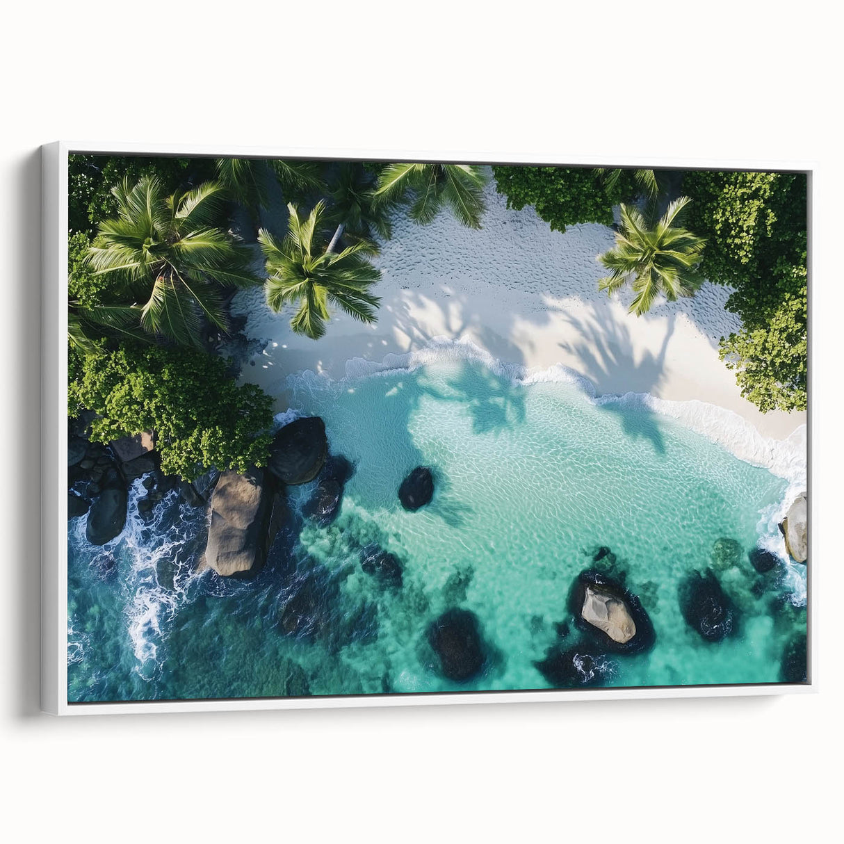 Framed canvas artwork showcasing a serene beach landscape with vibrant colors and gentle waves, displayed in a sleek white frame, perfect for coastal decor enthusiasts.