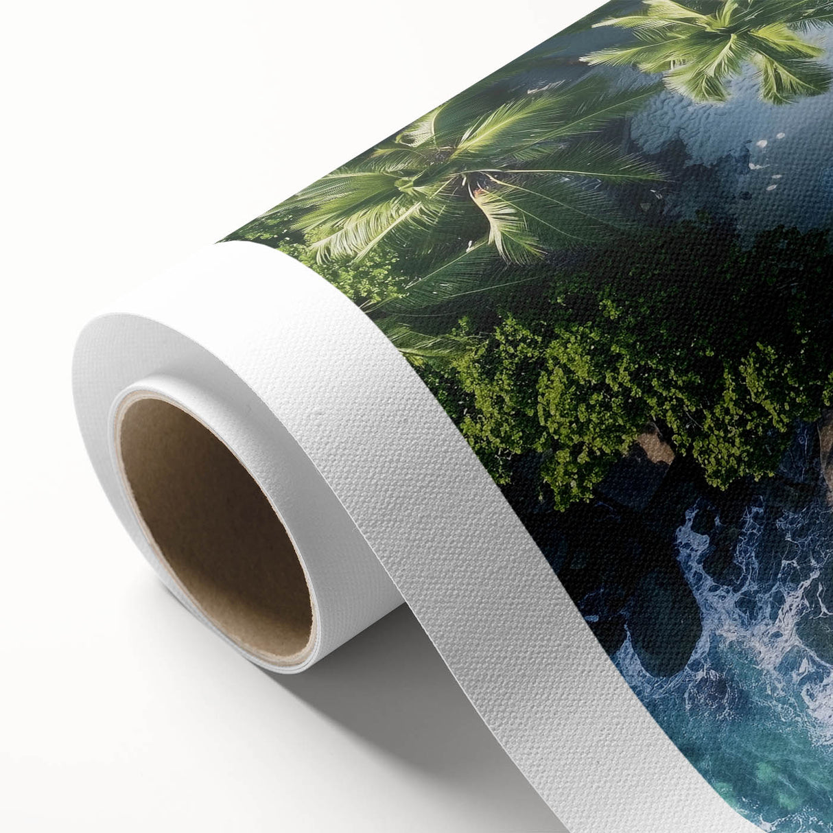 Vibrant rolled canvas showcasing a serene beach landscape with soft waves and a sunset sky, elegantly packaged in a protective cardboard tube for easy shipping.