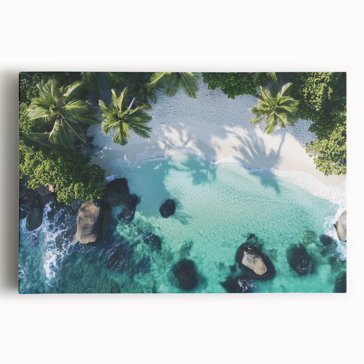 Vibrant stretched canvas artwork depicting a serene beach landscape at sunset, showcasing soft pastel colors and gentle waves, perfect for coastal home decor.
