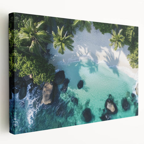 Landscape canvas artwork showcasing a serene beach scene with vibrant colors and soft waves, elegantly stretched for display. Ideal for coastal-themed decor.