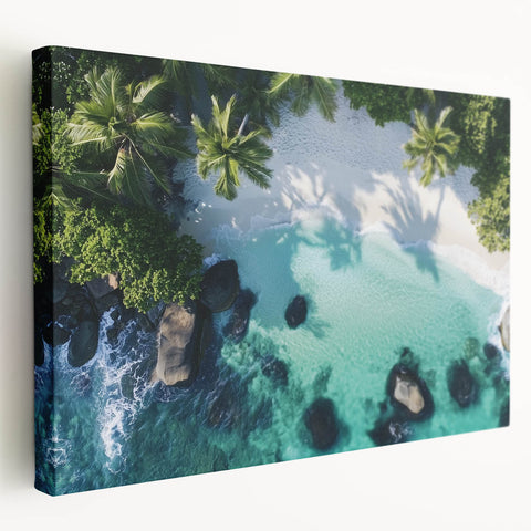 Landscape canvas artwork showcasing a serene beach scene with vibrant colors and soft waves, elegantly stretched for display. Ideal for coastal-themed decor.
