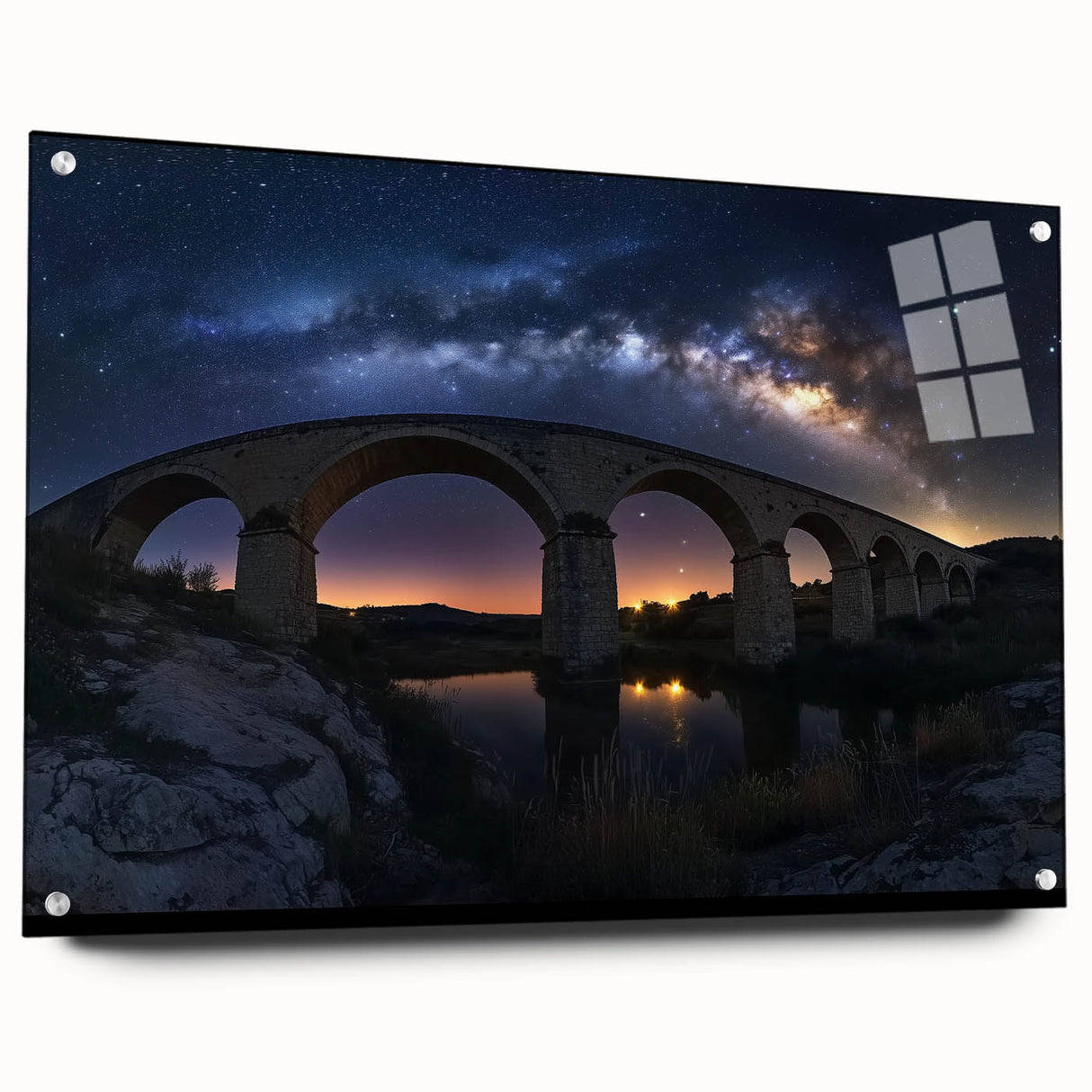 Acrylic bridge design in a side view, showcasing intricate details and mounting pins, highlighting its modern aesthetic suitable for contemporary decor.