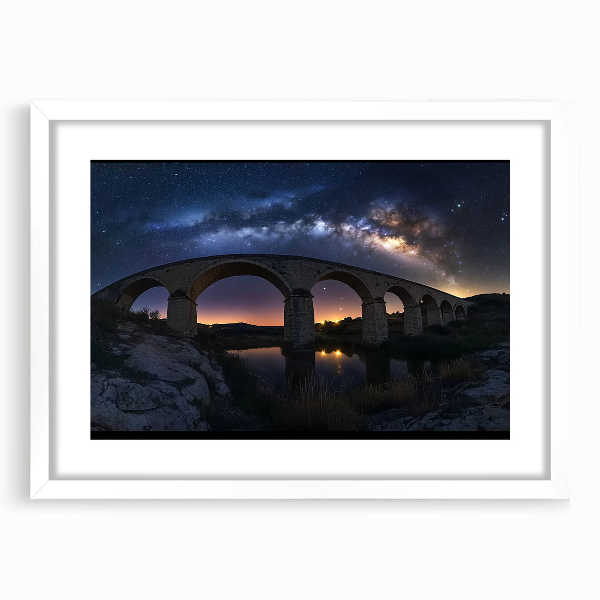 Landscape bridge frame with a white mat, showcasing a sleek design perfect for home decor. Ideal for displaying artwork or photographs, enhancing any interior.