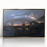 Framed acrylic artwork showcasing a landscape bridge design in vibrant gold tones, elegantly displayed against a minimalist backdrop, perfect for modern decor.