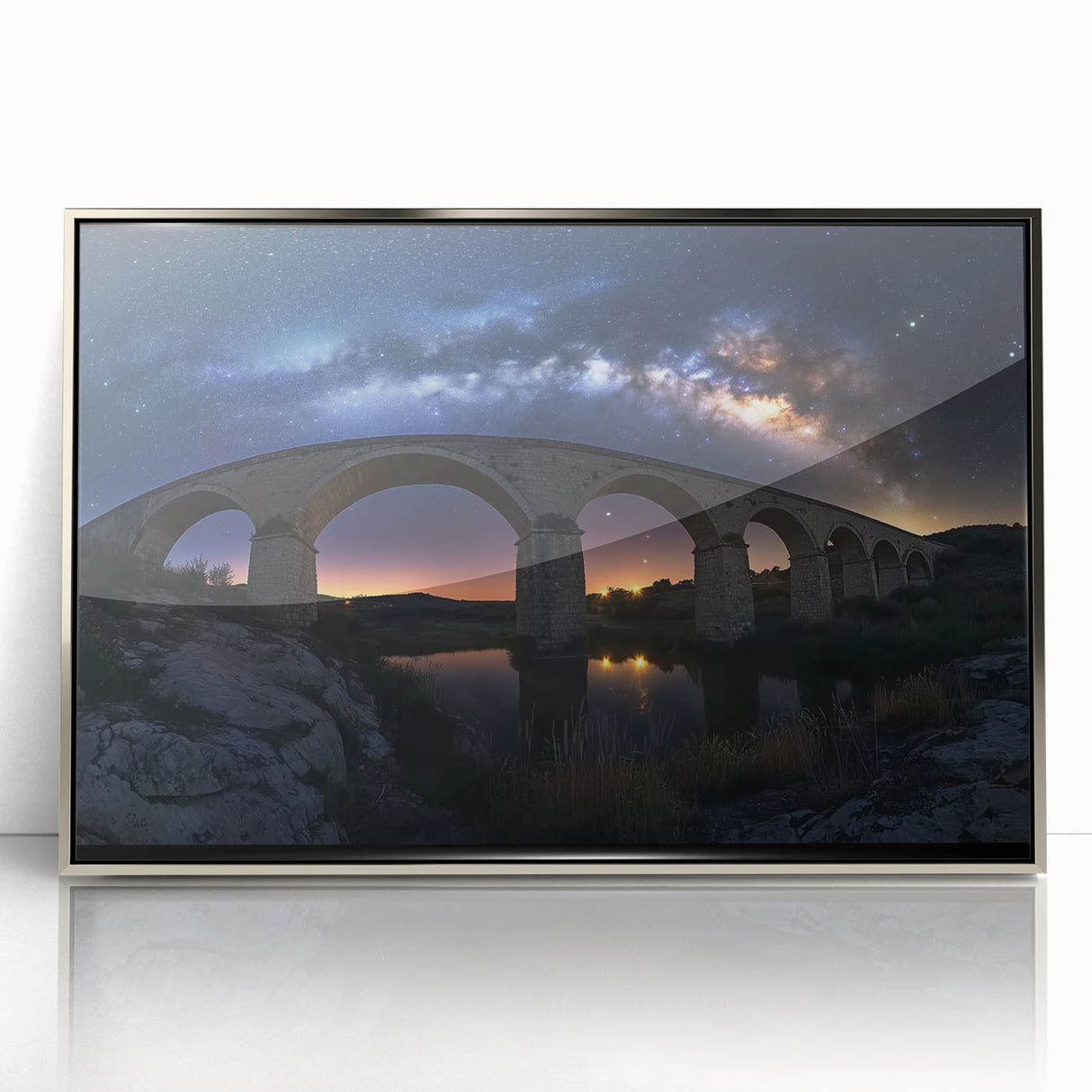 Framed acrylic artwork of a silver landscape bridge, showcasing intricate details and vibrant colors, perfect for modern home decor or office spaces.