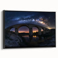 Framed landscape canvas depicting a stunning black bridge against a natural backdrop, showcasing intricate details and vibrant colors, ideal for home decor.