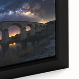 Close-up of a framed landscape canvas featuring a serene bridge scene, showcasing vibrant colors and intricate details, ideal for home decor enhancement.