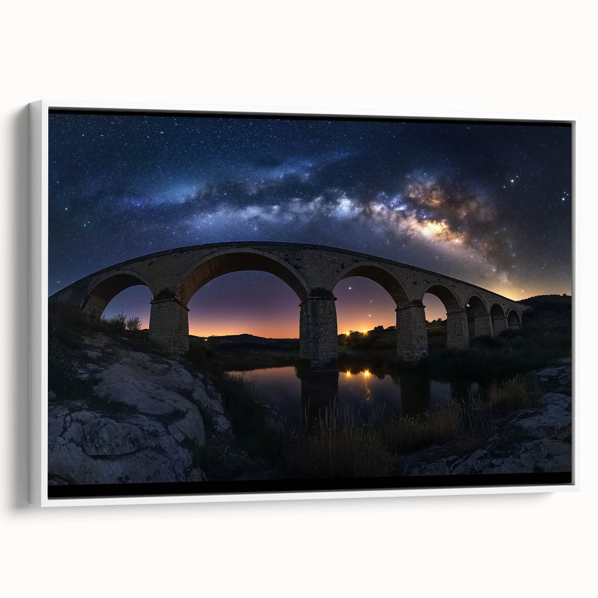 Framed landscape canvas artwork depicting a serene bridge scene, showcasing vibrant colors and intricate details, perfect for home or office decor.