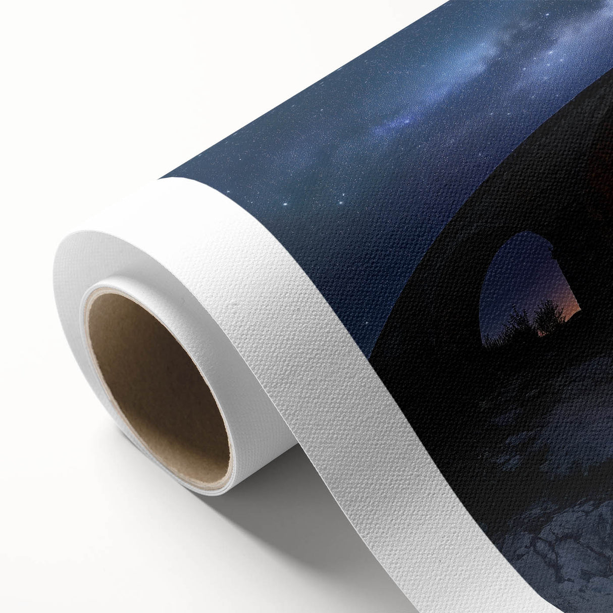Rolled canvas showcasing a vibrant landscape bridge design with rich colors and intricate details, securely packaged in a protective cardboard tube for easy transport and display.