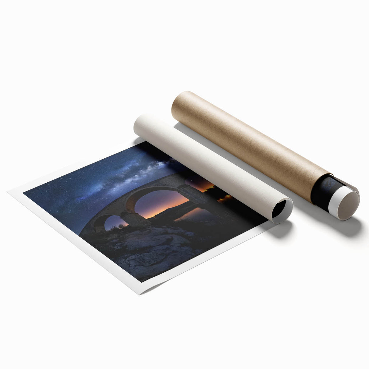 Landscape bridge illustration on rolled canvas print, showcasing intricate designs and vibrant colors, securely packaged in a protective cardboard tube. Perfect for home decor or art collectors.