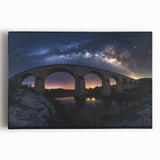 Landscape canvas artwork depicting a serene bridge scene over calm waters, showcasing vibrant greens and blues. Ideal for home decor and nature enthusiasts.