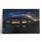 Landscape canvas print showcasing a serene bridge scene over a tranquil river, featuring vibrant colors and detailed foliage, ideal for home decor.