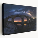 Stretched canvas artwork depicting a vibrant landscape bridge scene in rich colors, showcasing intricate details and textures, perfect for home decor.