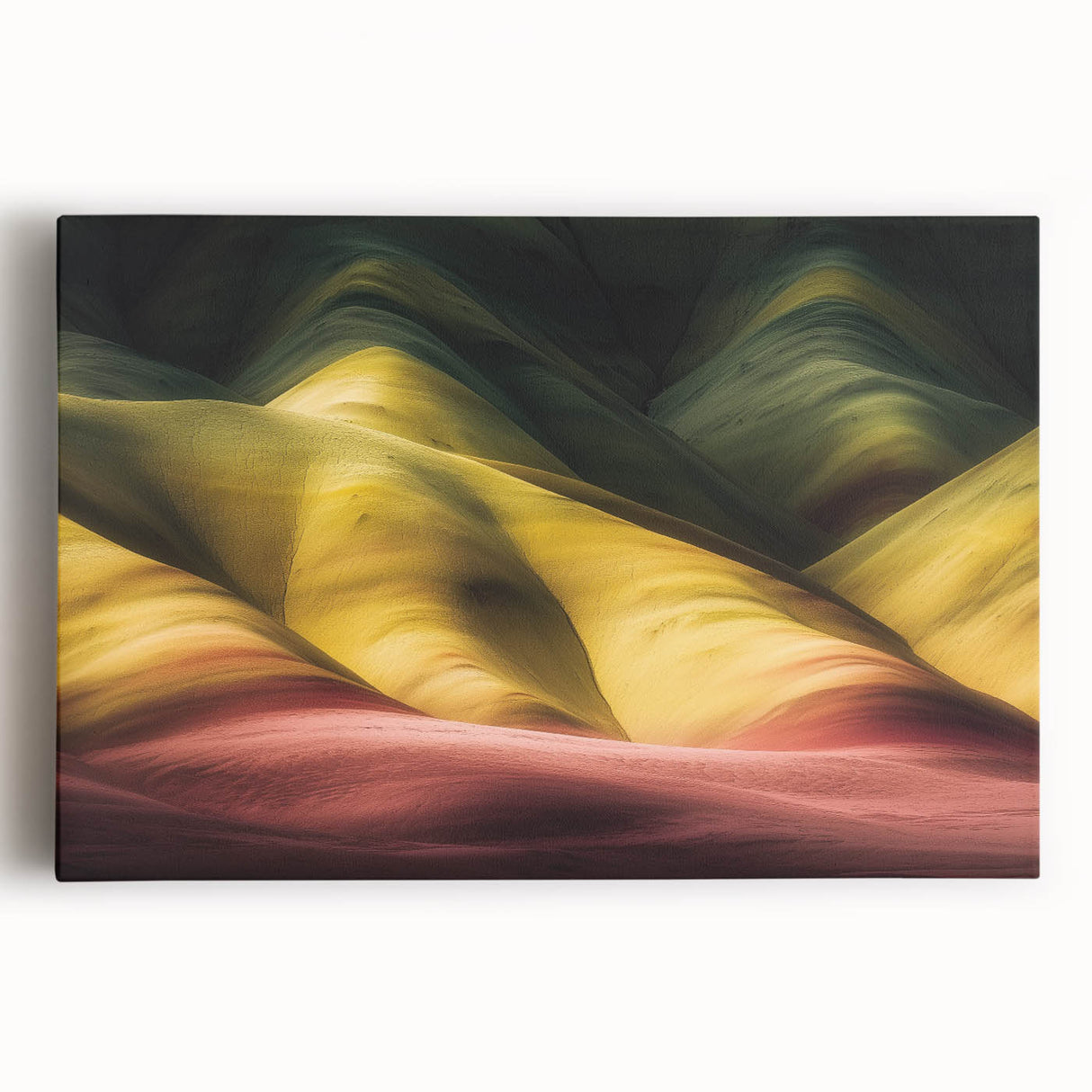 Stretched canvas artwork depicting a stunning landscape of canyons in warm earthy tones, emphasizing natural beauty and depth, perfect for home decor or office space.