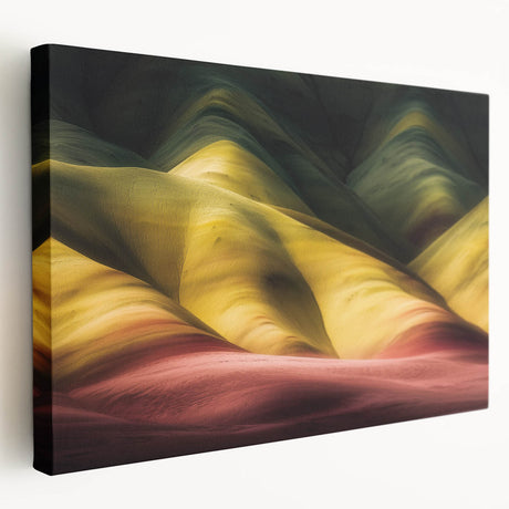 Stretched canvas artwork depicting a vibrant landscape of canyons, showcasing rich earth tones and dramatic rock formations, ideal for enhancing modern home decor.