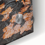 Large abstract wall art in autumnal hues on acrylic glass, perfect for dining room ambiance.