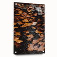 Large abstract wall art depicting fall foliage in muted orange and brown tones on acrylic glass, ideal for dining room decor.