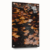 Large abstract wall art depicting fall foliage in muted orange and brown tones on acrylic glass, ideal for dining room decor.
