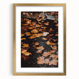 Extra large abstract art print featuring textured fall foliage in vibrant orange and red tones on a framed canvas.