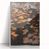 Art deco poster of a stylized fall scene in orange and brown hues, framed acrylic, ideal for nursery wall art.