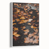 Vintage poster art depicting autumn leaves in vibrant colors on a large framed canvas, suitable for living room decor.