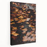 Side view of a large canvas depicting a fall scene with orange and red leaves, ideal for kitchen wall art.