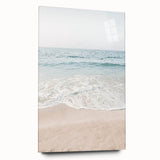 Large abstract wall art in vibrant orange and blue tones on acrylic glass, suitable for bedroom or dining room decor.