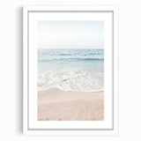 Abstract art print in vibrant blue and green hues on a white framed canvas, ideal for dining room or bedroom decor.