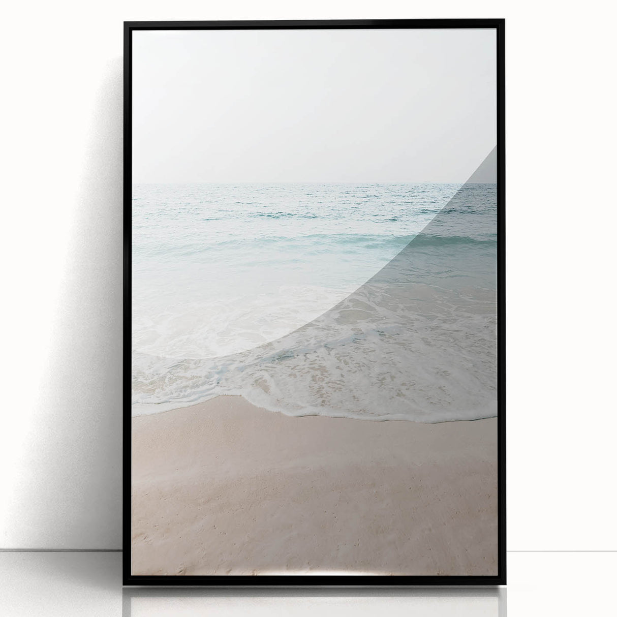 Large abstract wall art featuring swirling blue and orange hues on a black acrylic print, ideal for modern living room decor.