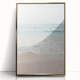 Large art print of a mid-century modernist abstract design in gold and white tones, framed in acrylic.